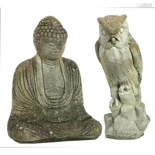 Stoneware garden Buddha and owl, the largest 43cm high