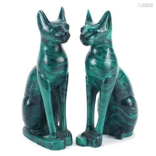 Pair of malachite style seated Egyptian cats, 26cm high