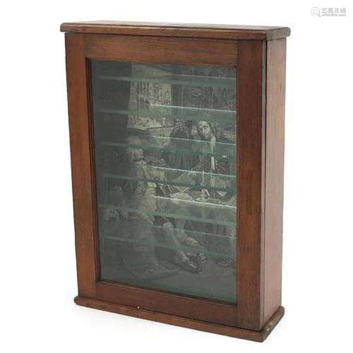 Stained hardwood wall hanging display cabinet with glass she...