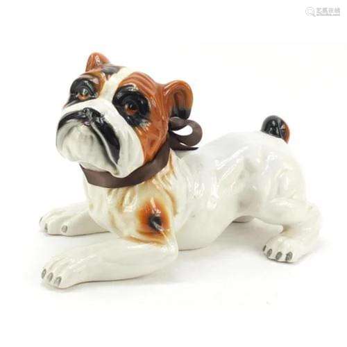 Hand painted porcelain model of a Bulldog, 38cm in length