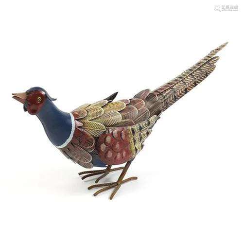 Large painted metal standing pheasant, 70cm in length