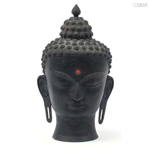 Large Chino Tibetan patinated bronze Buddha head, 39.5cm hig...