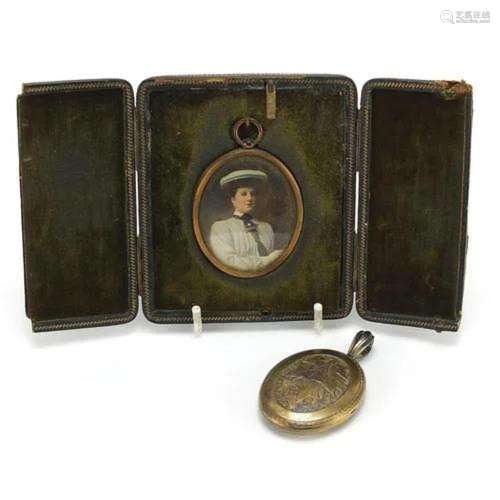 Portrait miniature of a female wearing a hat, housed in a le...