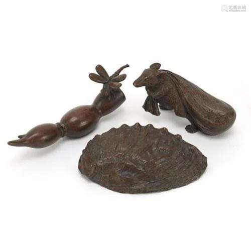 Three Japanese patinated bronzes comprising rat with a sack,...