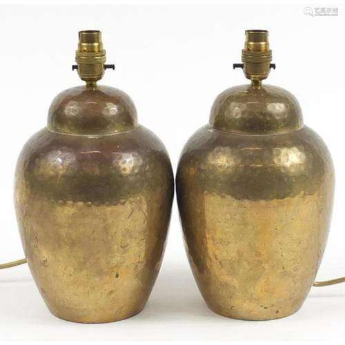 Pair of planished brass table lamps, 30cm high