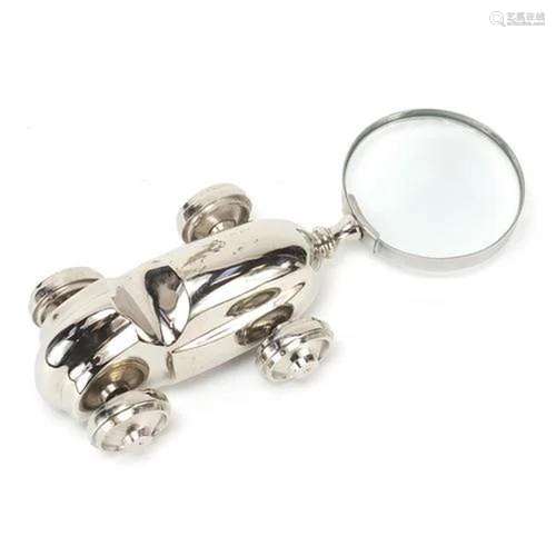 Novelty silver plated magnifying glass in the form of a raci...