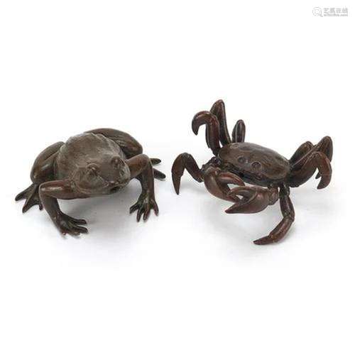 Two Japanese patinated bronze animals comprising frog and cr...