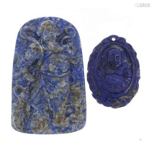 Two Chinese lapis lazuli panels carved with an Emperor and B...