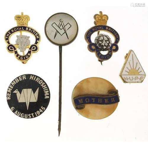 Badges and stick pins including masonic and The Royal Britis...