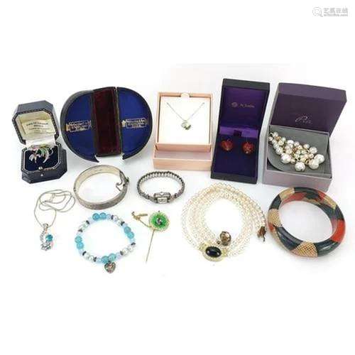 Costume jewellery including silver hinged bangle, silver mar...