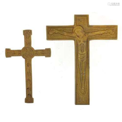 Two gilt metal orthodox crosses including one with Christ, t...