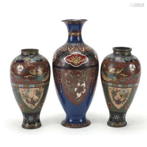 Three Japanese cloisonne vases including a pair the largest ...
