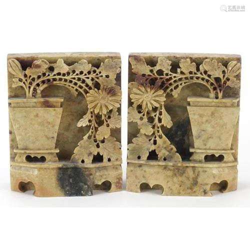Pair of Chinese soapstone bookends carved with flowers in a ...