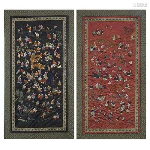 Pair of Chinese silk panels embroidered with dragons and one...