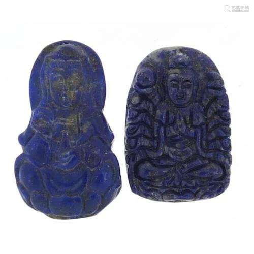 Two Chinese lapis lazuli panels carved with Buddha, the larg...