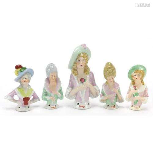 Five continental porcelain half pin dolls, 9cm high
