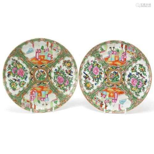 Matched pair of Chinese Canton porcelain plates hand painted...