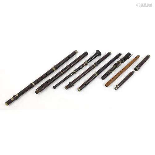 Collection of antique and later flute pieces including rosew...