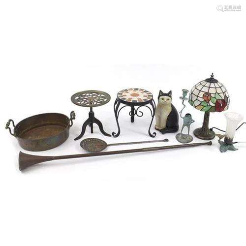 Metalware including a Victorian trivet, Tiffany design table...