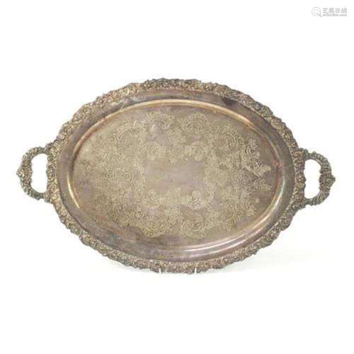 Heavy silver plated serving tray with twin handles, engraved...