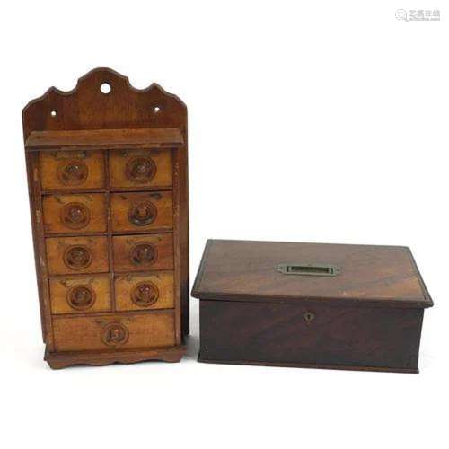 19th century mahogany workbox and a treen spice rack, the la...