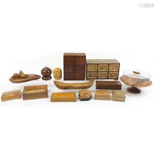 Wooden boxes and treen objects including a specimen chest, V...