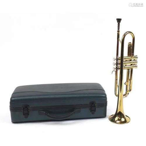 Brass trumpet with fitted protective carry case, 48cm in len...