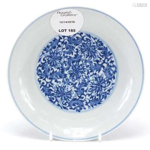 Chinese blue and white porcelain dish hand painted with flow...