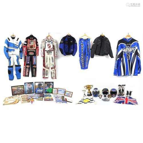 Speedway motorcycle clothing and ephemera including a trophy...