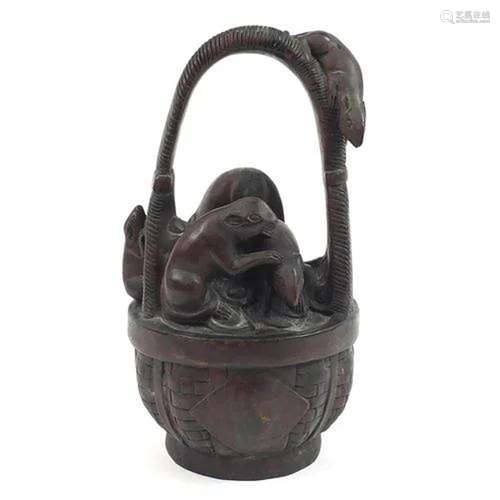 Chinese wood carving of rats in a basket, 36cm high