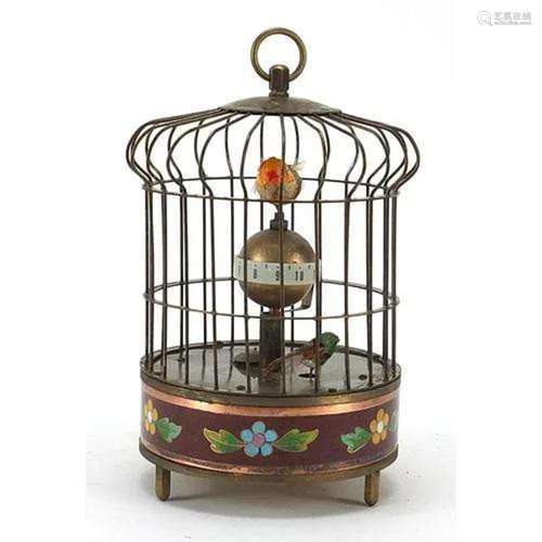 Brass and cloisonne clockwork automaton bird cage with alarm...