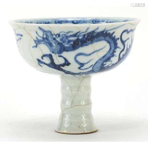 Chinese blue and white porcelain stem bowl hand painted with...