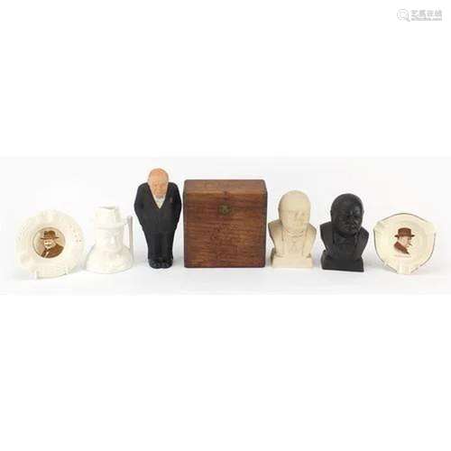 Six porcelain and pottery Churchill figures, dishes and wood...