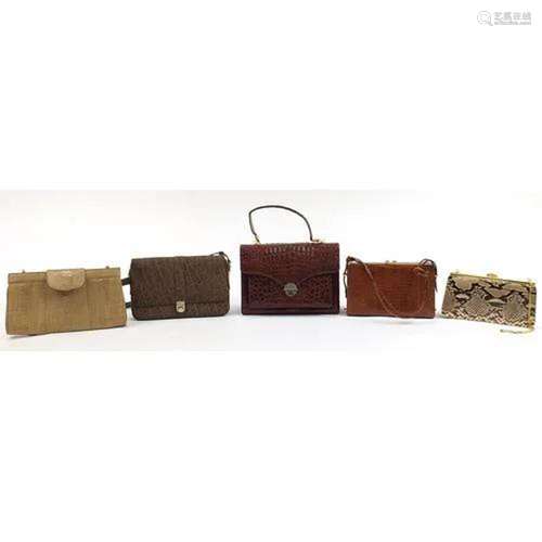 Vintage animal skin handbags including elephant hide, crocod...