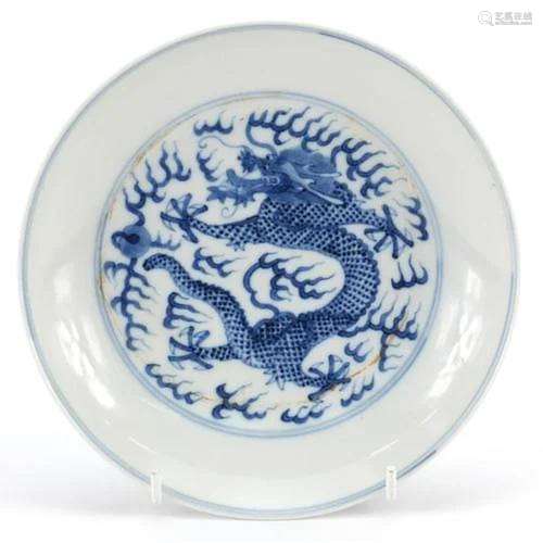 Chinese blue and white porcelain dish hand painted with drag...