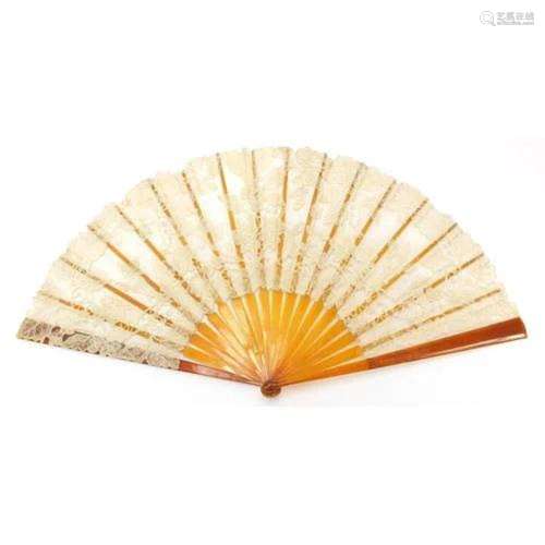 Vintage French amber coloured and lace fan housed in a Fauco...