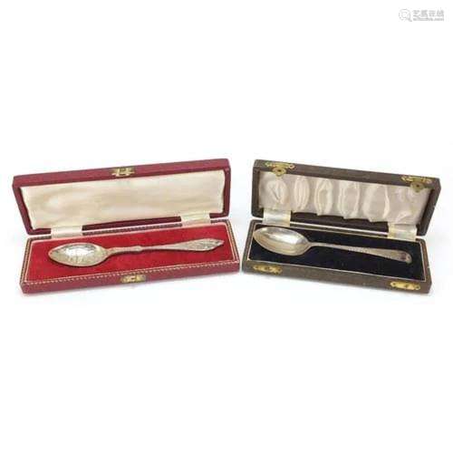 Two silver spoons housed in fitted cases, the largest 15.5cm...