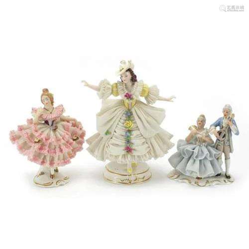 Three Dresden porcelain figurines, the largest 17cm high