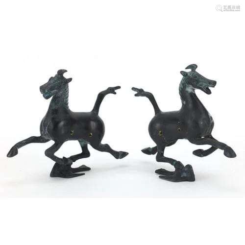 Pair of Chinese patinated bronze archaic style horses, 13cm ...