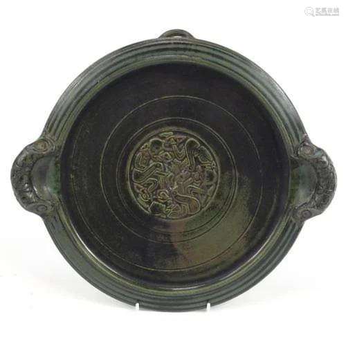 Celtic Clays green glazed pottery tray with twin handles inc...