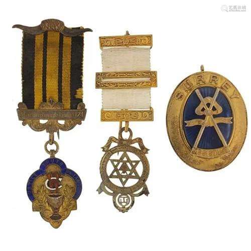 Three silver gilt masonic and RAOB jewels, one enamel, the l...