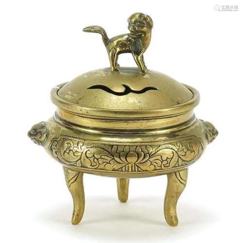 Chinese patinated bronze tripod censer and cover with Foo do...