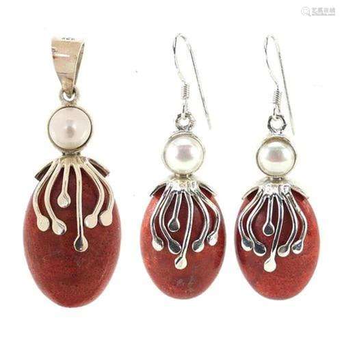 Silver mounted cultured pearl and red hardstone pendant with...