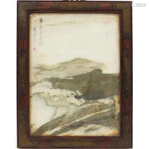 Chinese hardstone panel housed in a hardwood frame with bras...