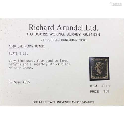 Victorian British Penny Black stamp with four margins and Ma...