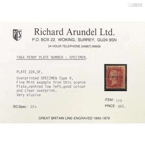 Victorian British Penny Red stamp, overprinted specimen type...