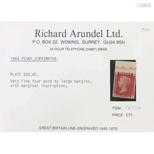 Victorian British Penny Red Imprimatur stamp with marginal i...