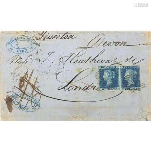 1853 cover with a pair of Tuppence Blue stamps