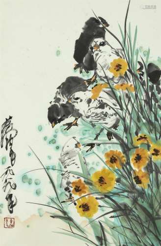 Huang Zhou (1925-1997)  Chicks and Flowers, 1989