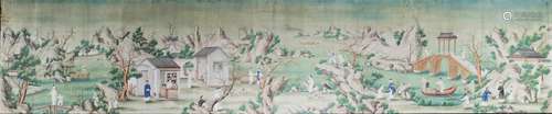 A rare panoramic export painting of domestic scenes on a riv...